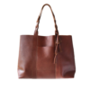 Ninakuru leather tote, tan, supple genuine leather, braided shoulder strap with exterior pocket. Interior leather pockets with removable leather pom-pom